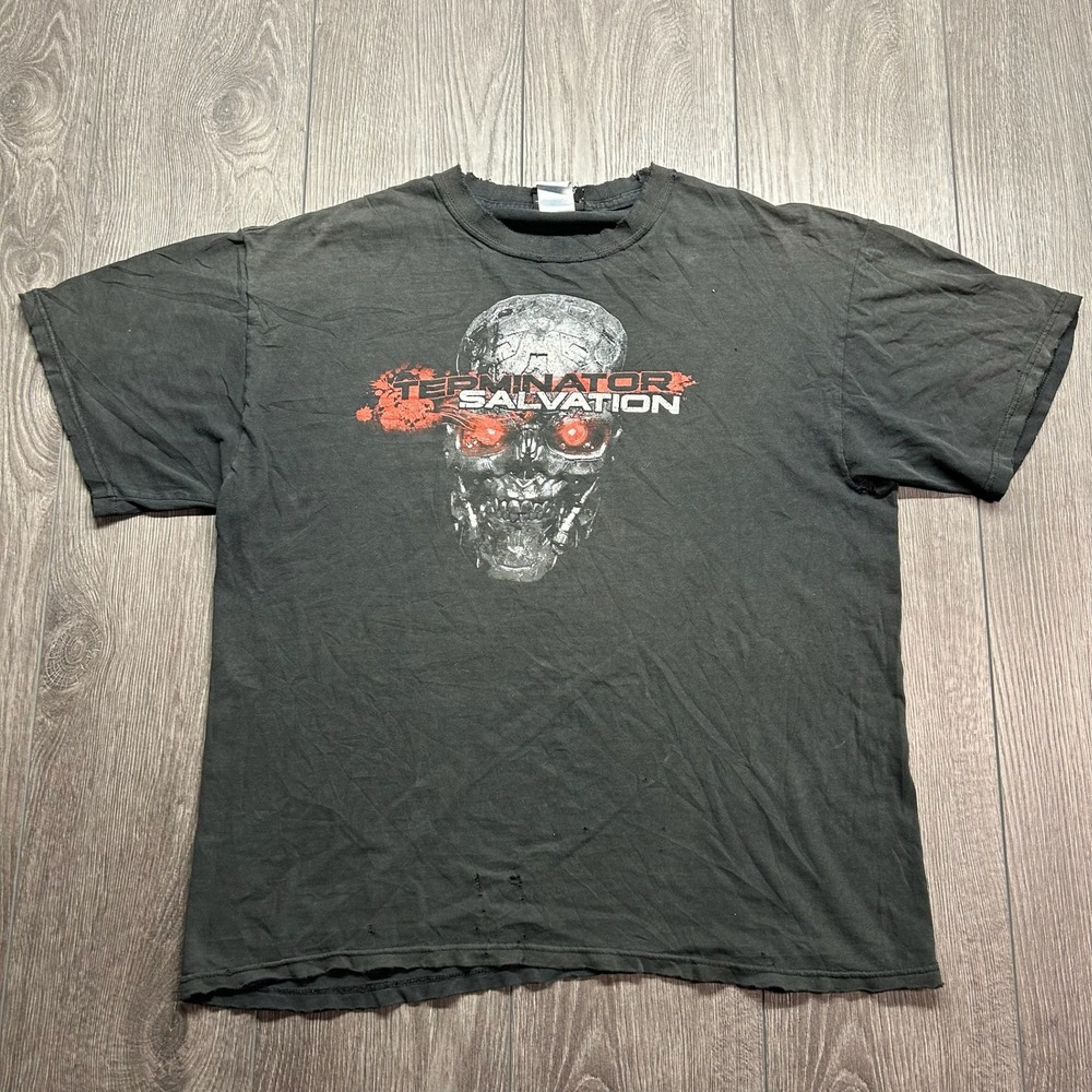 Vintage Terminator Salvation T-800 Skull Graphic T-Shirt Black Large Distressed